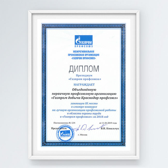 III место в смотре-конкурсе «Лучшая организация профсоюзной работы в области охраны труда в „Газпром профсоюзе“ за 2018 год