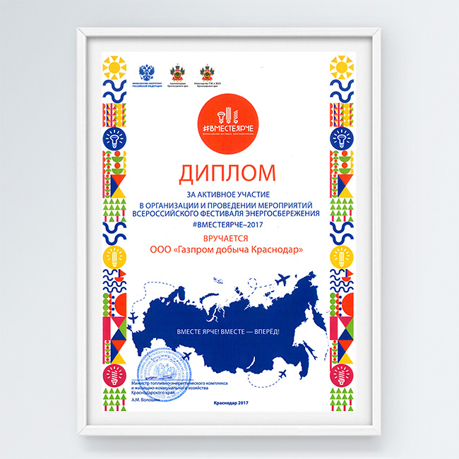 Диплом за активное участие в организации и проведении мероприятий всероссийского фестиваля #Вместеярче-2017