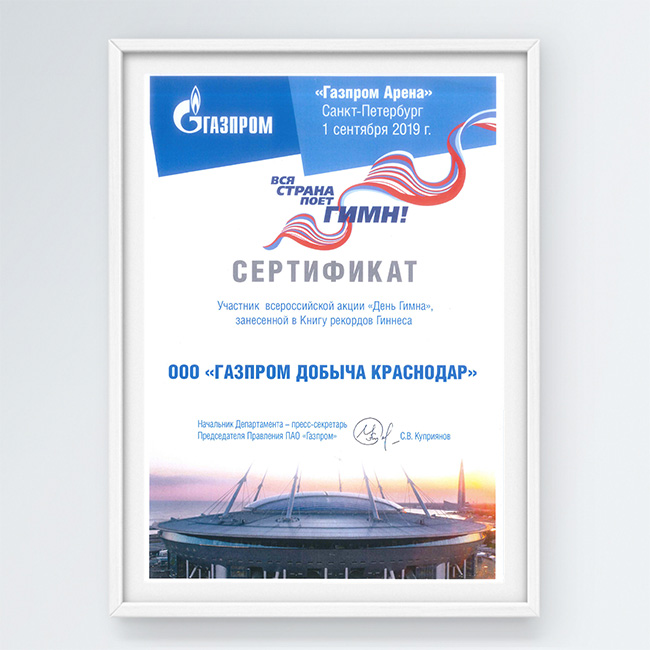 Сертификат участника всероссийской акции «День Гимна» занесенной в Книгу рекордов Гиннеса
