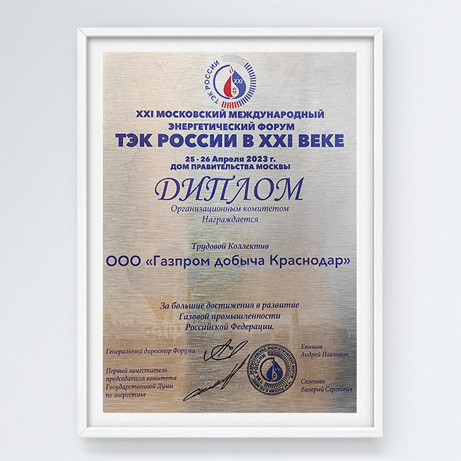 Диплом за большие достижения в развитие газовой промышленности Российской Федерации