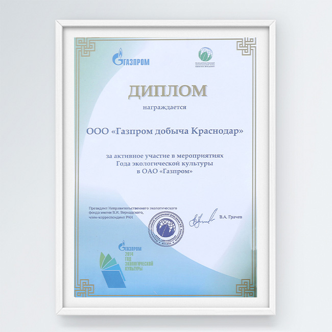 Диплом за активное участие в мероприятиях Года экологической культуры в ОАО «Газпром»